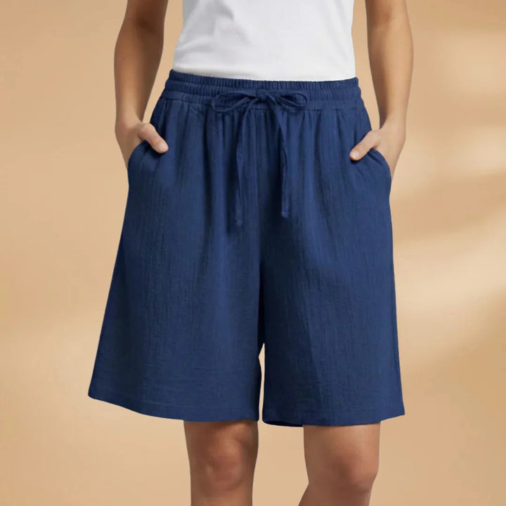 Navy Blue Women's Knee Length Drawstring Shorts — Clara Linen Elastic Waist - Front Full