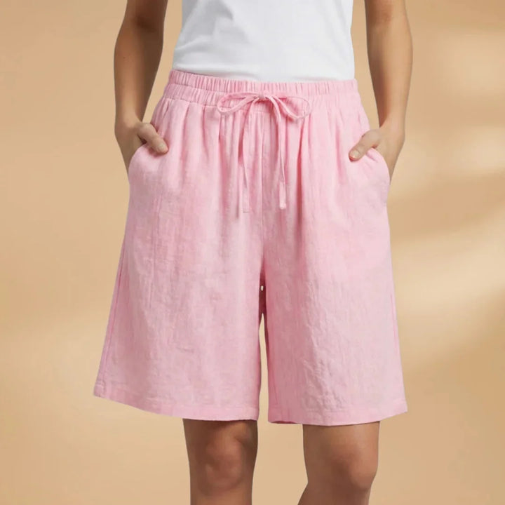 Pink Women's Knee Length Drawstring Shorts — Clara Linen Elastic Waist - Front Full
