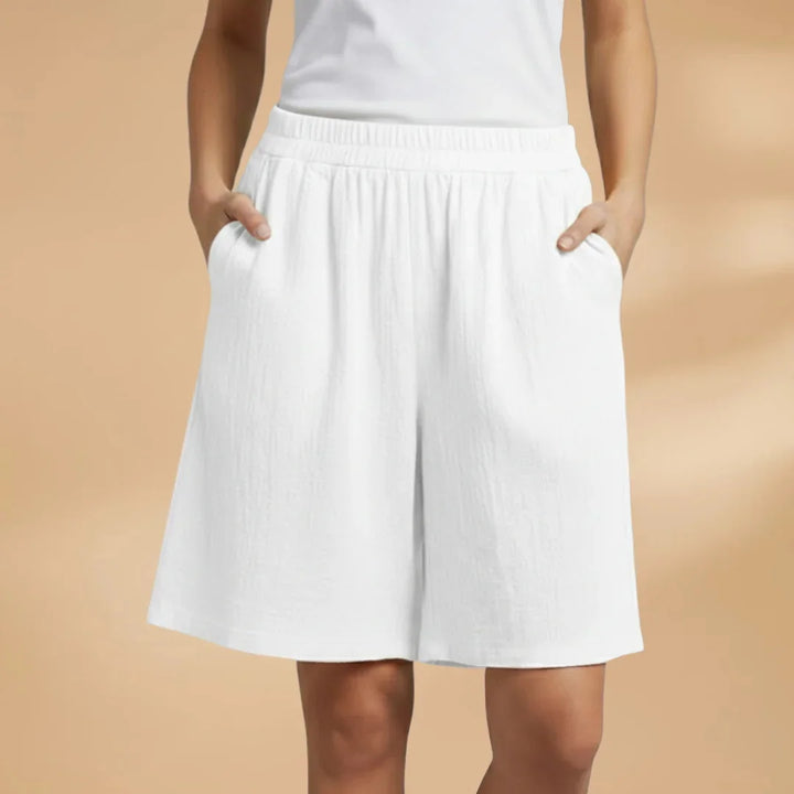 White Women's Knee Length Drawstring Shorts — Clara Linen Elastic Waist - Front Full