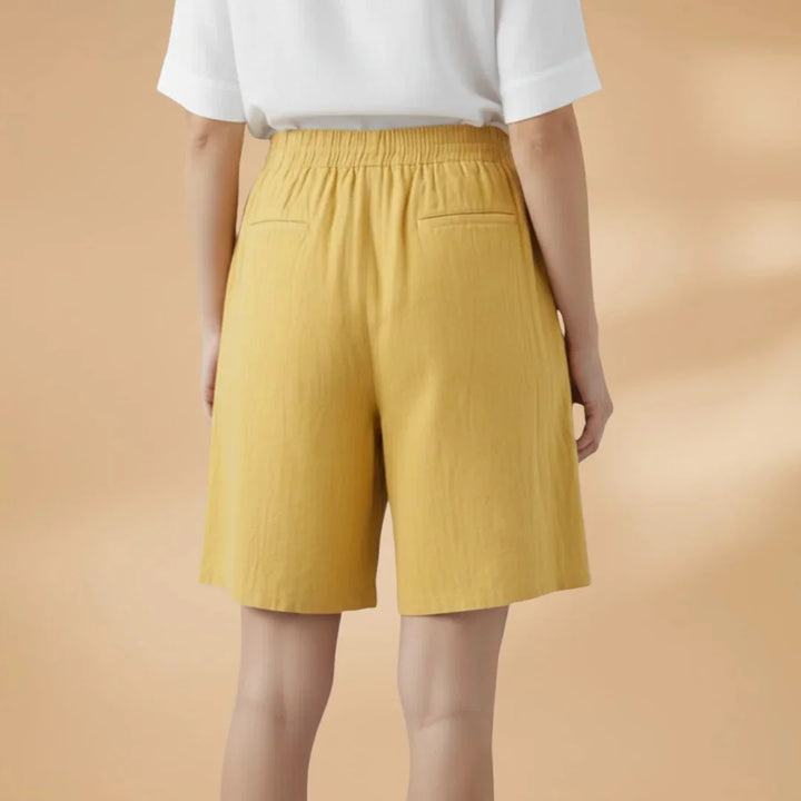 Yellow Women's Knee Length Drawstring Shorts — Clara Linen Elastic Waist - Back View