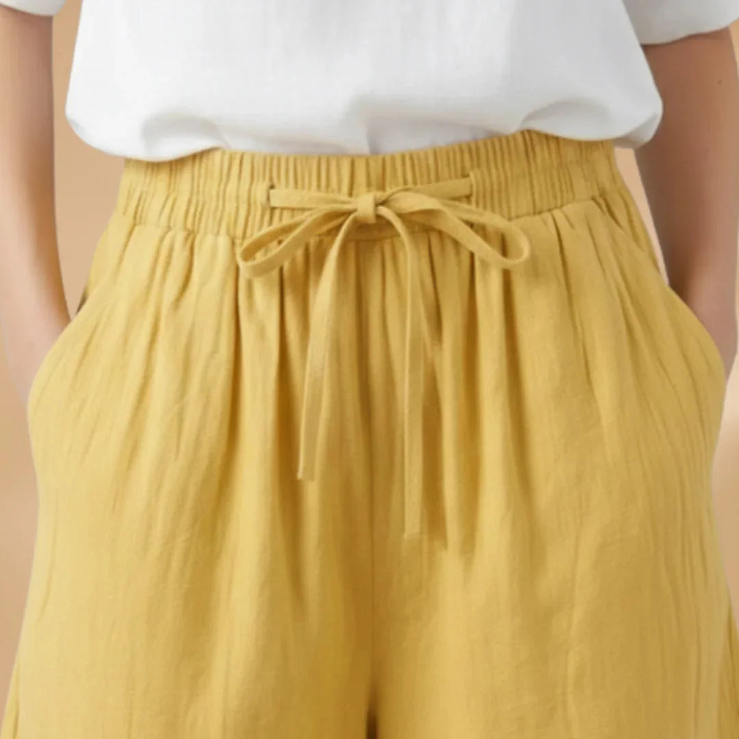 Yellow Women's Knee Length Drawstring Shorts — Clara Linen Elastic Waist - Drawstring Closeup