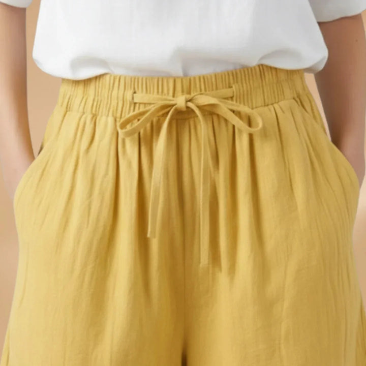 Yellow Women's Knee Length Drawstring Shorts — Clara Linen Elastic Waist - Drawstring Closeup