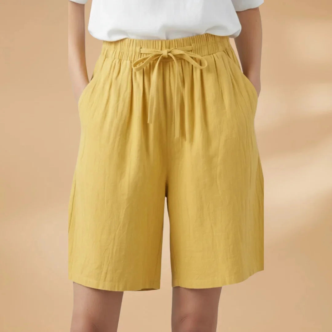 Yellow Women's Knee Length Drawstring Shorts — Clara Linen Elastic Waist - Front Detail