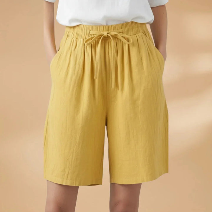 Yellow Women's Knee Length Drawstring Shorts — Clara Linen Elastic Waist - Front Detail