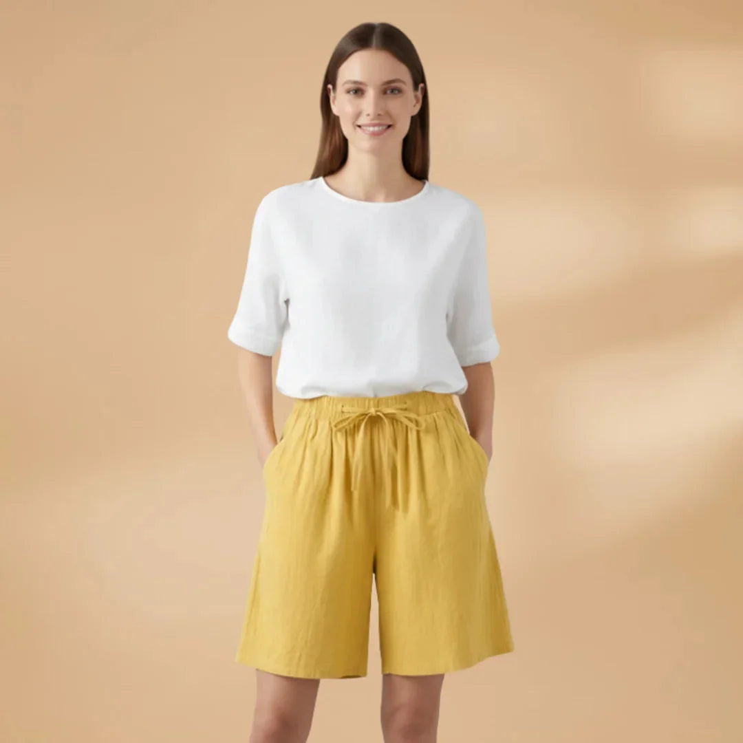 Yellow Women's Knee Length Drawstring Shorts — Clara Linen Elastic Waist - Front Full
