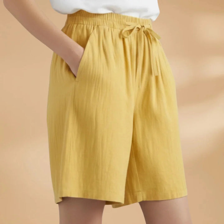 Yellow Women's Knee Length Drawstring Shorts — Clara Linen Elastic Waist - Side Pose