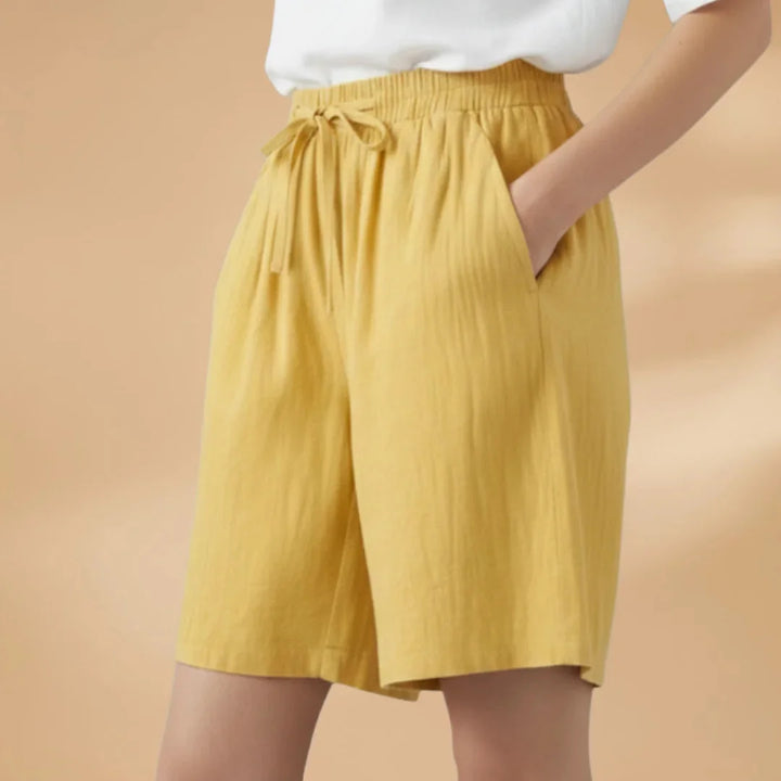 Yellow Women's Knee Length Drawstring Shorts — Clara Linen Elastic Waist - Waistband Detail