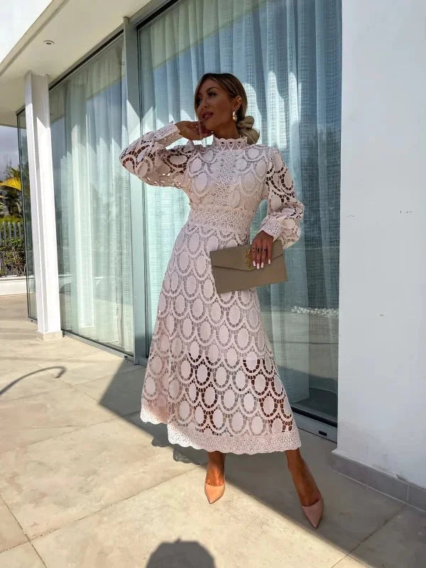 Apricot Women's Lace Midi Dress — Rhiannon Long Sleeve High Neck - Front Full