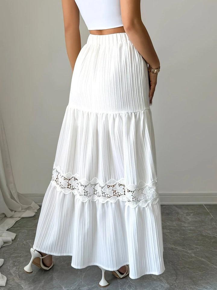 White Women's Lace Trim Tiered White Maxi Skirt — Aimee Drawstring High-Waisted - Back Detail
