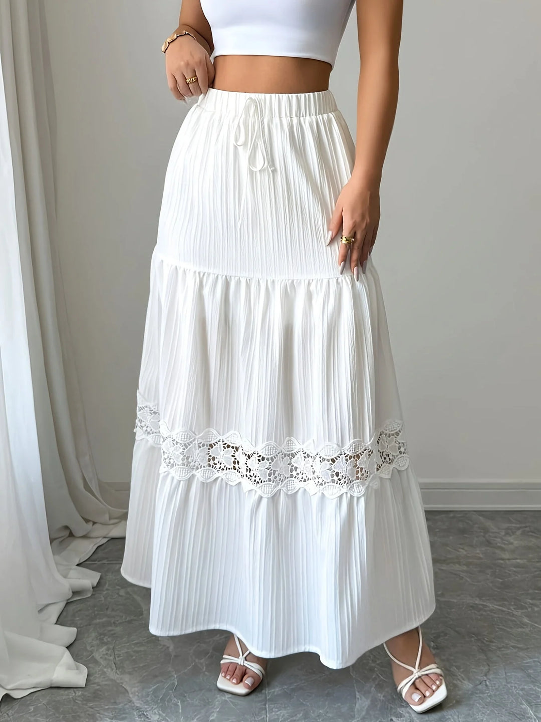 White Women's Lace Trim Tiered White Maxi Skirt — Aimee Drawstring High-Waisted - Front Full