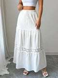 Women's Lace Trim Tiered White Maxi Skirt — Aimee Drawstring High-Waisted