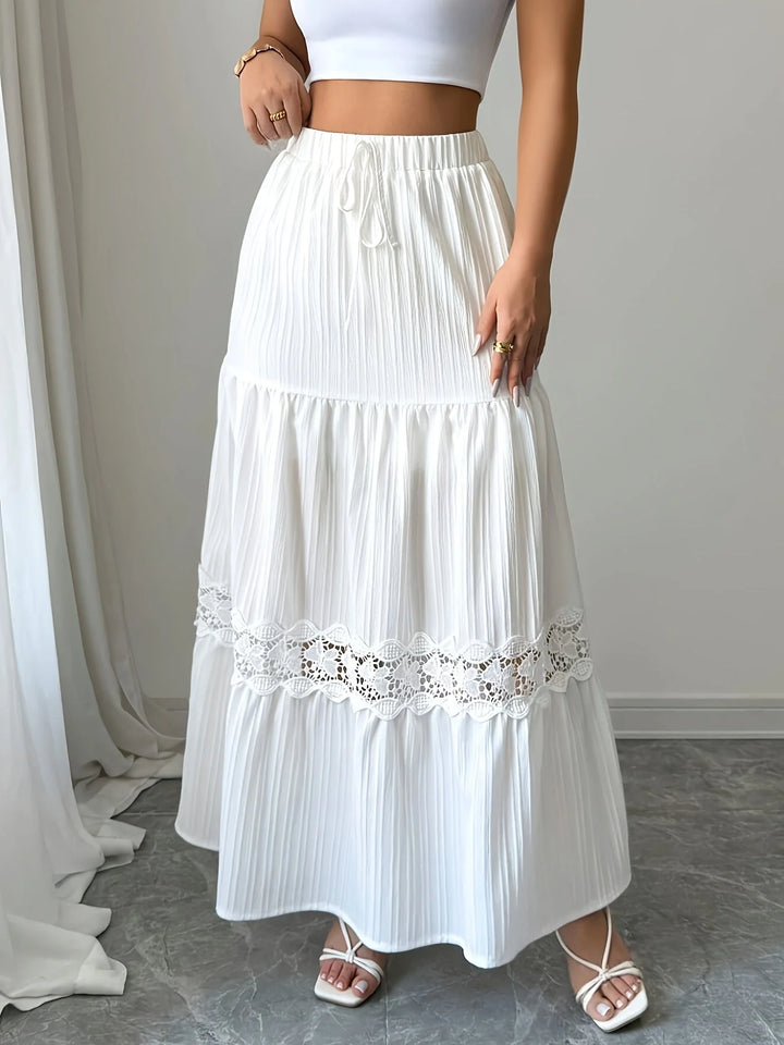White Women's Lace Trim Tiered White Maxi Skirt — Aimee Drawstring High-Waisted - Front Full