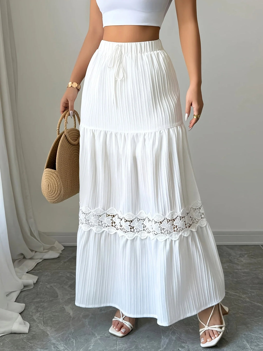White Women's Lace Trim Tiered White Maxi Skirt — Aimee Drawstring High-Waisted - Front Styling