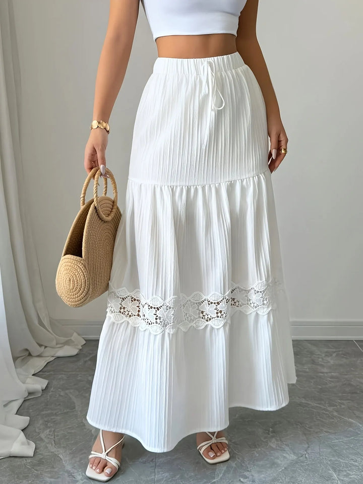White Women's Lace Trim Tiered White Maxi Skirt — Aimee Drawstring High-Waisted - Lace Detail