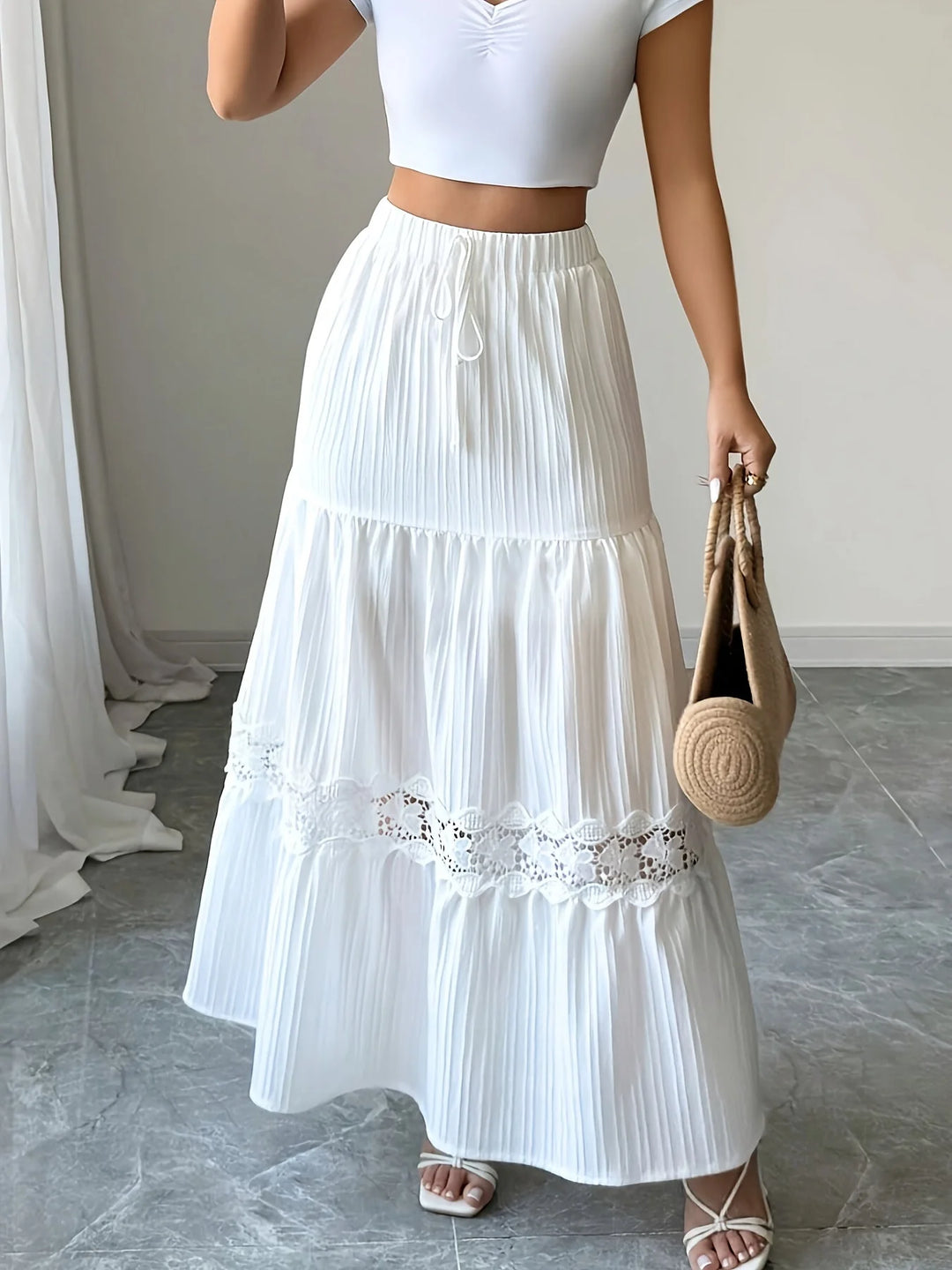 White Women's Lace Trim Tiered White Maxi Skirt — Aimee Drawstring High-Waisted - Side Pose