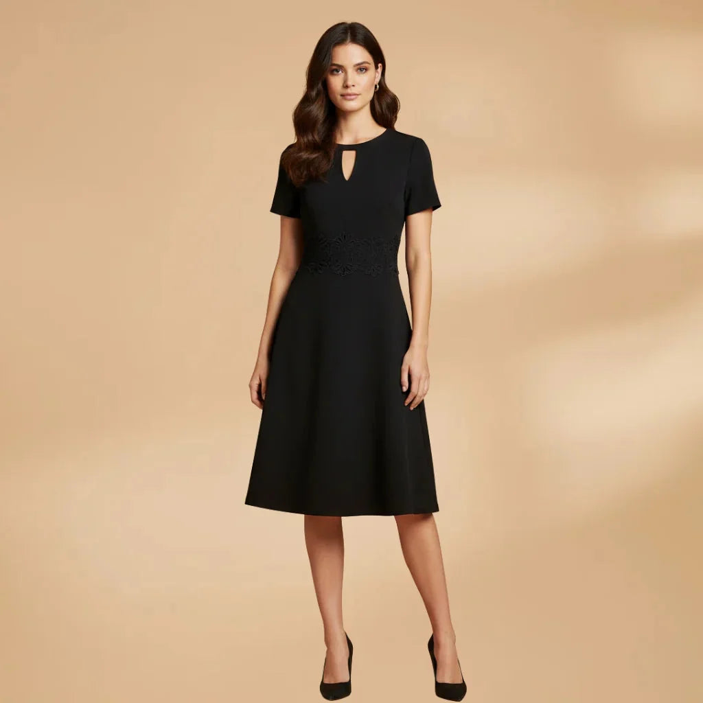Black Women's Lace Waist Keyhole Midi Dress — Jenna Short Sleeve A-Line - Model Standing