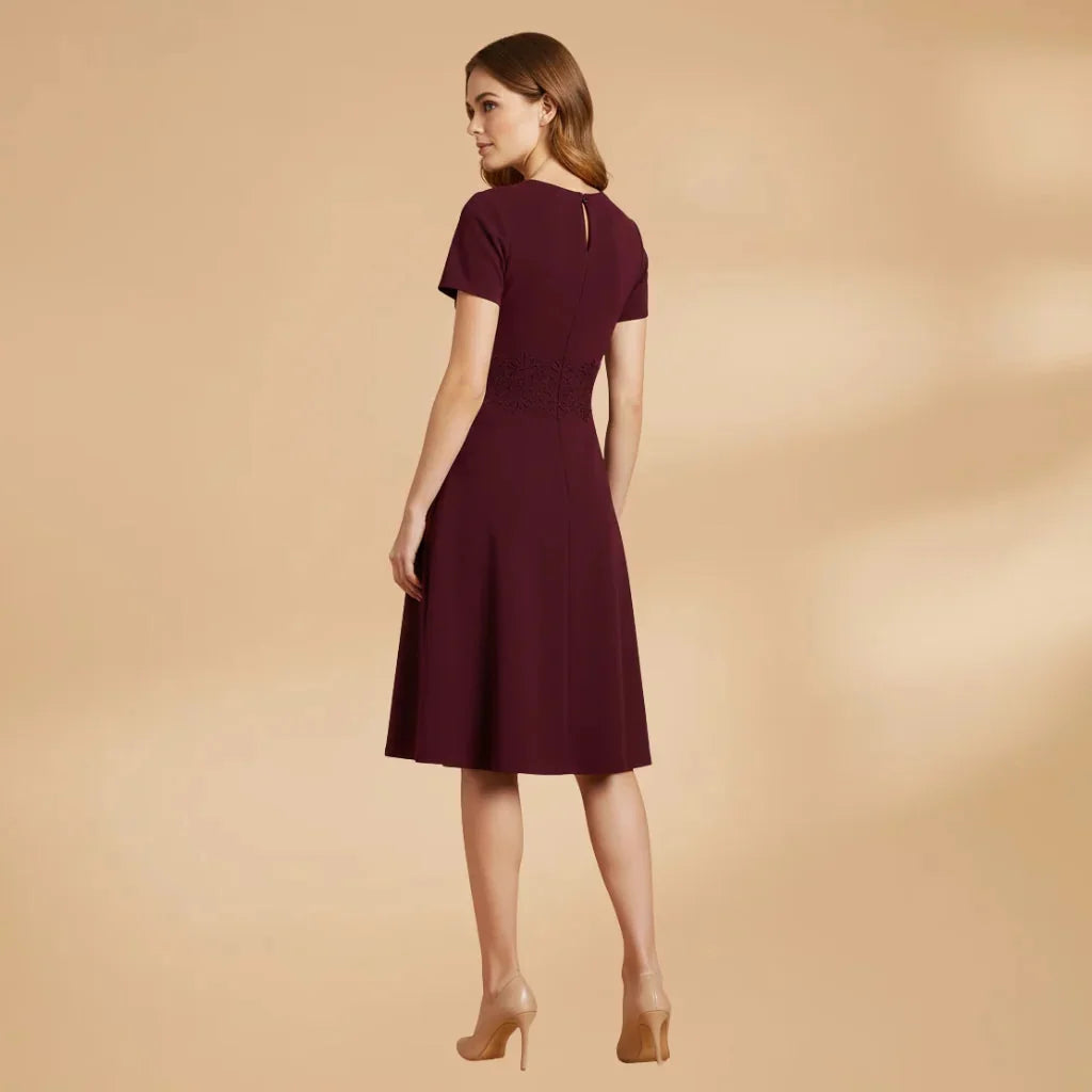 Red Women's Lace Waist Keyhole Midi Dress — Jenna Short Sleeve A-Line - Back Detail