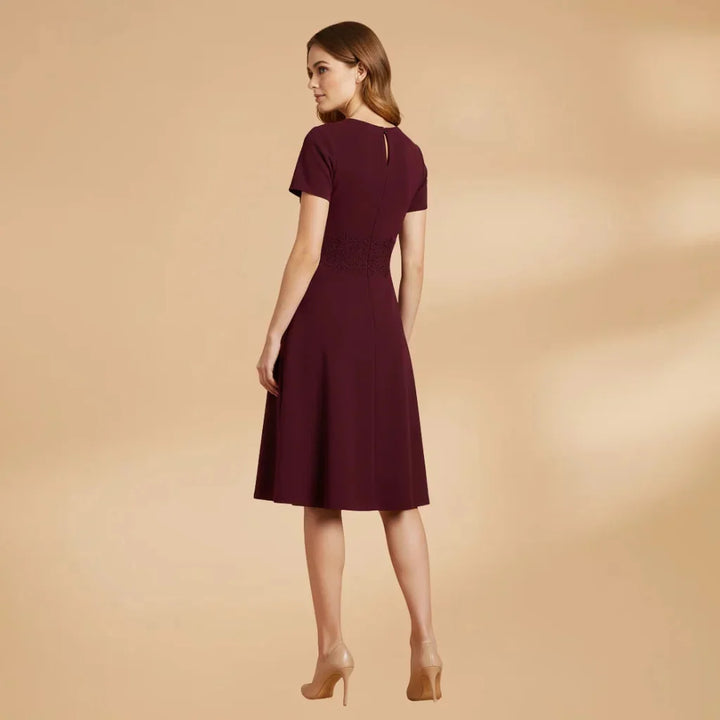 Red Women's Lace Waist Keyhole Midi Dress — Jenna Short Sleeve A-Line - Back Detail