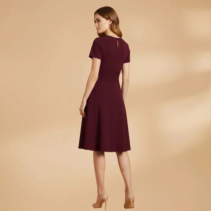Red Women's Lace Waist Keyhole Midi Dress — Jenna Short Sleeve A-Line - Back View