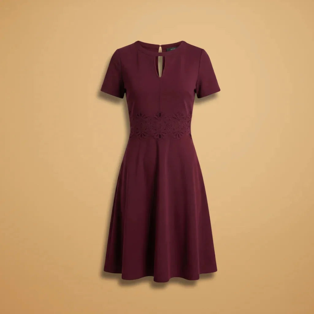 Red Women's Lace Waist Keyhole Midi Dress — Jenna Short Sleeve A-Line - Flat Lay