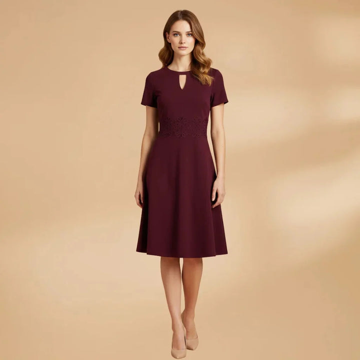 Red Women's Lace Waist Keyhole Midi Dress — Jenna Short Sleeve A-Line - Front Full