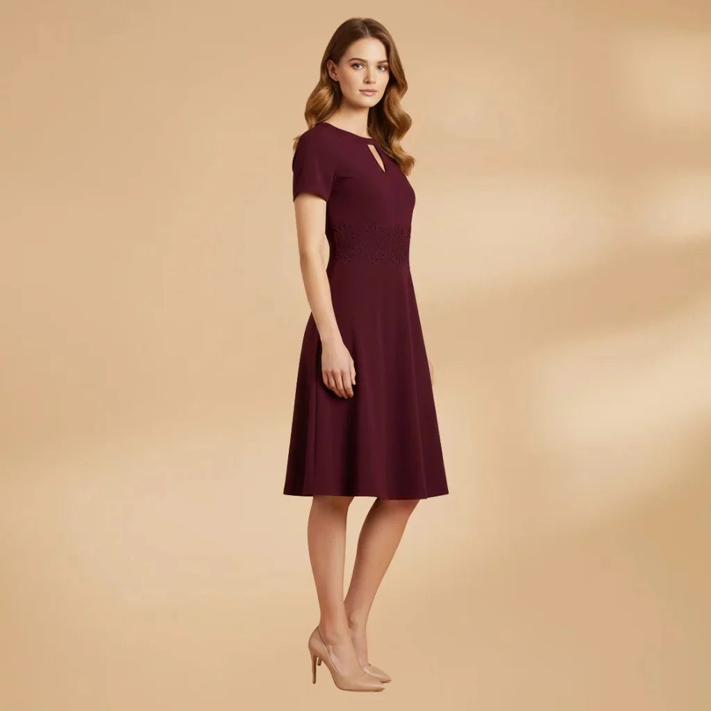 Red Women's Lace Waist Keyhole Midi Dress — Jenna Short Sleeve A-Line - Side Pose