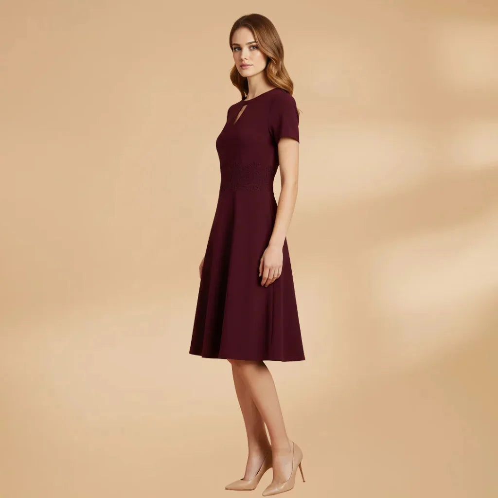 Red Women's Lace Waist Keyhole Midi Dress — Jenna Short Sleeve A-Line - Three Quarter Angle