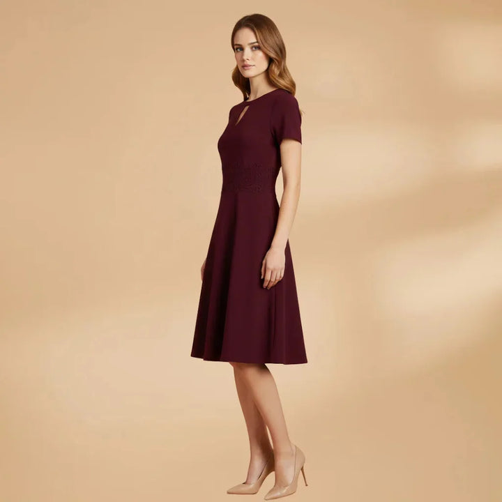 Red Women's Lace Waist Keyhole Midi Dress — Jenna Short Sleeve A-Line - Three Quarter Angle