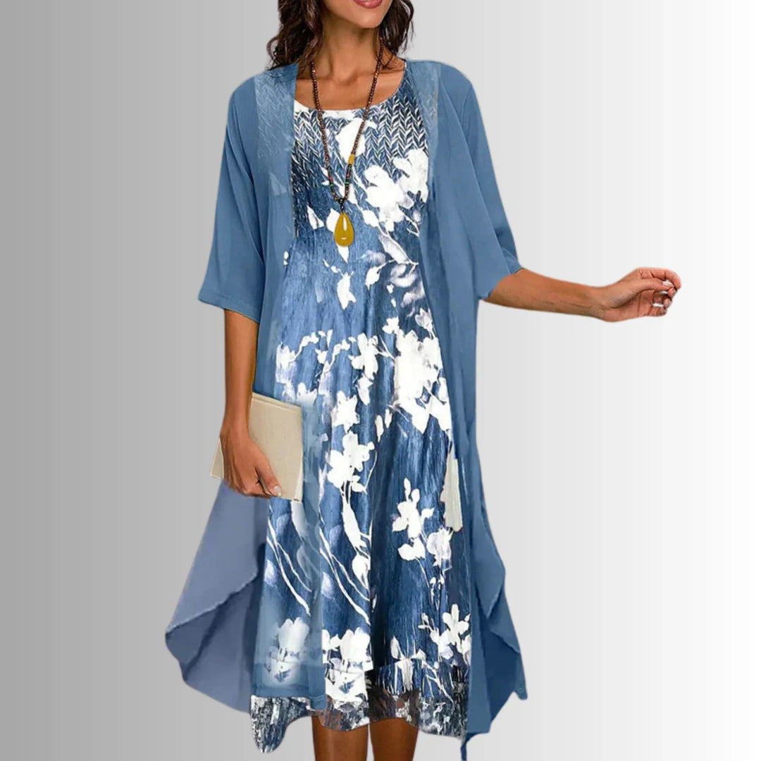 Floral Women's 2-Piece Summer Set — Arabella Layered Floral Chiffon - Blue Front Pose