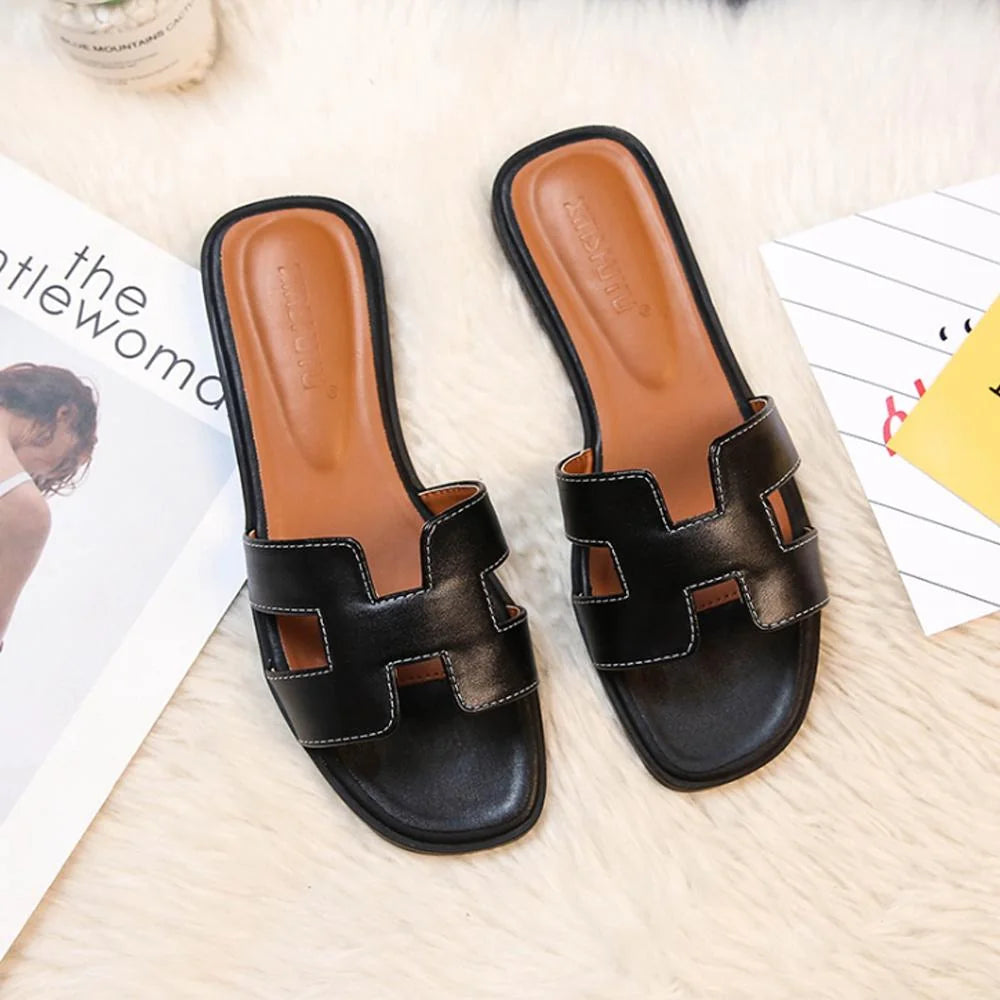 Black Women's Leather H-Strap Sandals — Olympia Slide Comfort Flat - Styled Lifestyle