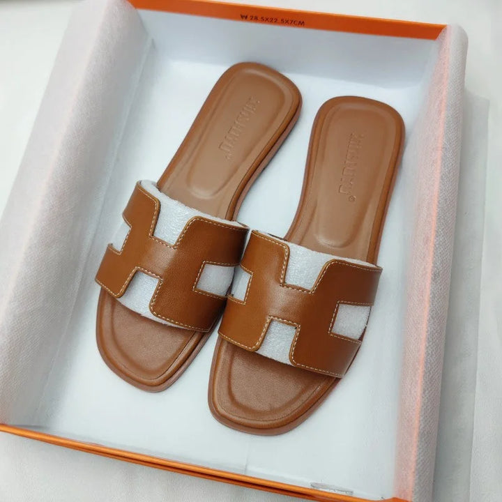 Brown Women's Leather H-Strap Sandals — Olympia Slide Comfort Flat - Boxed Presentation