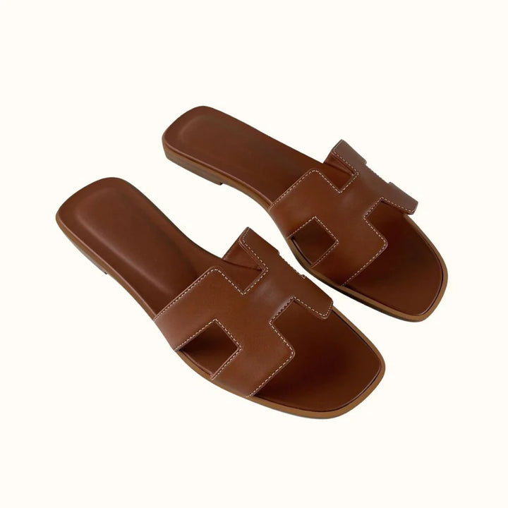 Brown Women's Leather H-Strap Sandals — Olympia Slide Comfort Flat - Front Detail