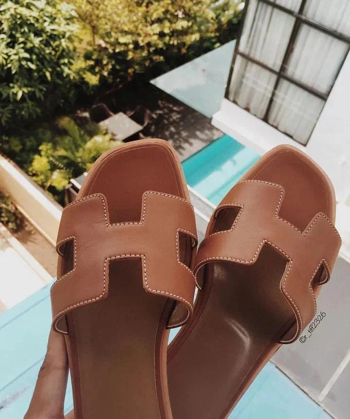 Brown Women's Leather H-Strap Sandals — Olympia Slide Comfort Flat - Outdoor Worn