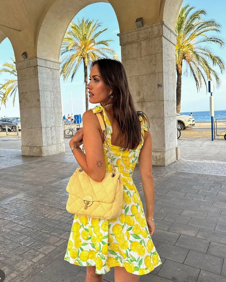 Ophelia | Lemon Print Sleeveless Mini Dress with Tie Straps