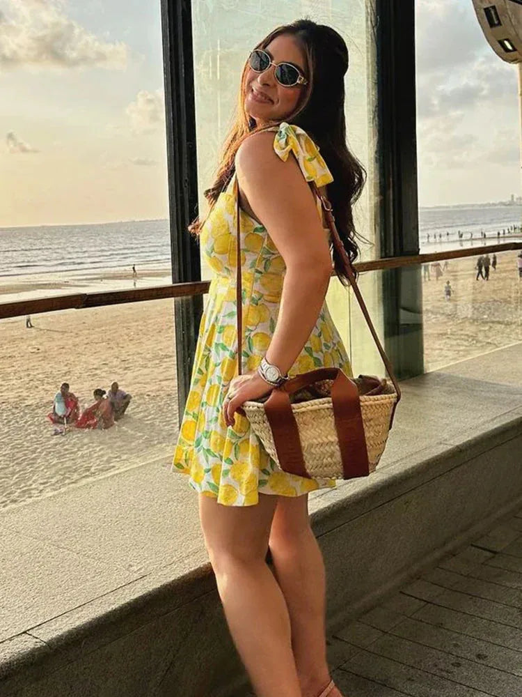 Ophelia | Lemon Print Sleeveless Mini Dress with Tie Straps