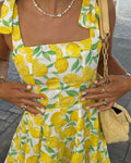 Ophelia | Lemon Print Sleeveless Mini Dress with Tie Straps