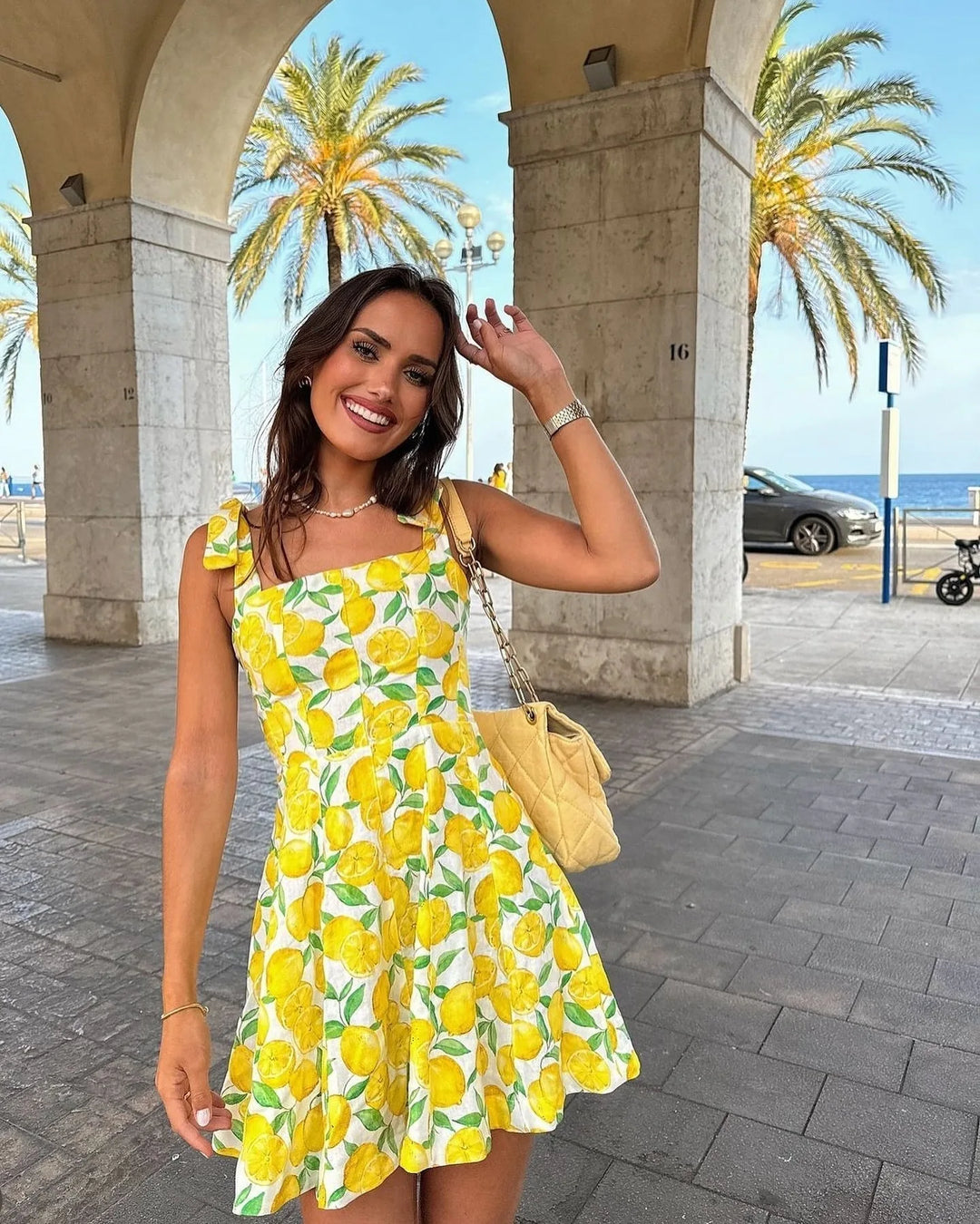 Ophelia | Lemon Print Sleeveless Mini Dress with Tie Straps