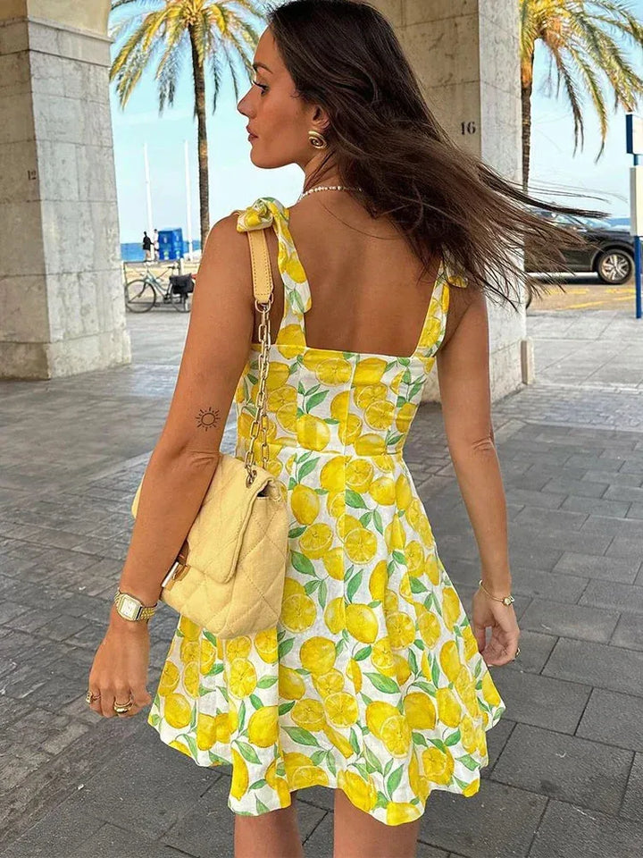 Ophelia | Lemon Print Sleeveless Mini Dress with Tie Straps