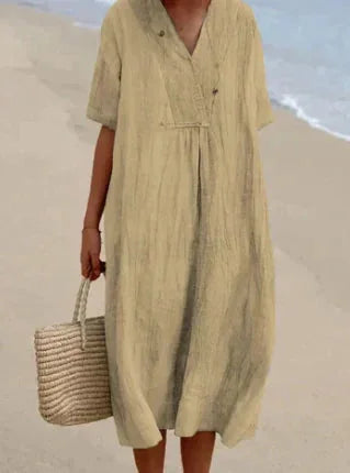 Beige Women's Lightweight Summer V-Neck Midi Dress — Fern Button-Front Relaxed - Casual Stance