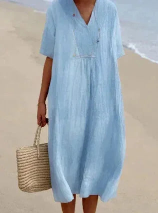 Blue Women's Lightweight Summer V-Neck Midi Dress — Fern Button-Front Relaxed - Front Full