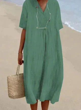 Green Women's Lightweight Summer V-Neck Midi Dress — Fern Button-Front Relaxed - Side Pose