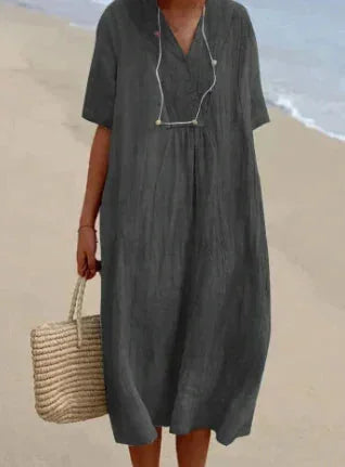 Grey Women's Lightweight Summer V-Neck Midi Dress — Fern Button-Front Relaxed - Three Quarter View
