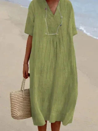 Lime Women's Lightweight Summer V-Neck Midi Dress — Fern Button-Front Relaxed - Green Front Pose