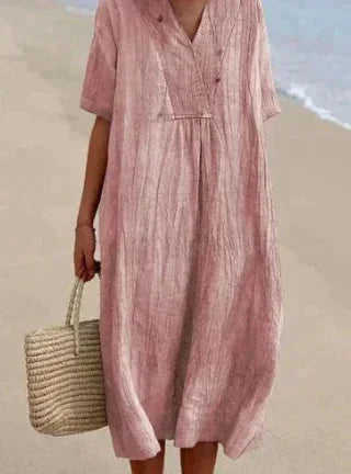 Pink Women's Lightweight Summer V-Neck Midi Dress — Fern Button-Front Relaxed - Relaxed Pose