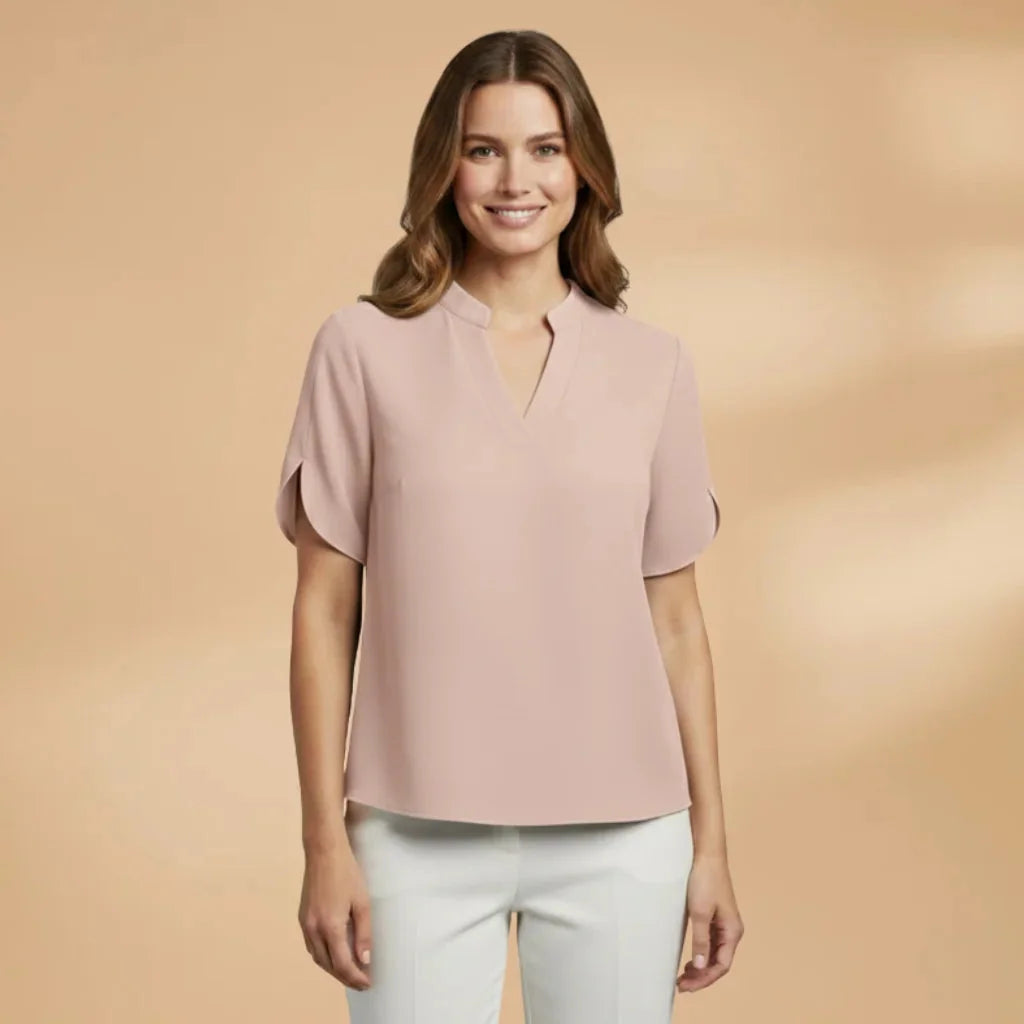 Apricot Women's Lightweight V-Neck Short Sleeve Blouse — Severine Breathable Elegant Collared - Front Soft