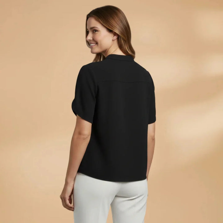Black Women's Lightweight V-Neck Short Sleeve Blouse — Severine Breathable Elegant Collared - Back Full
