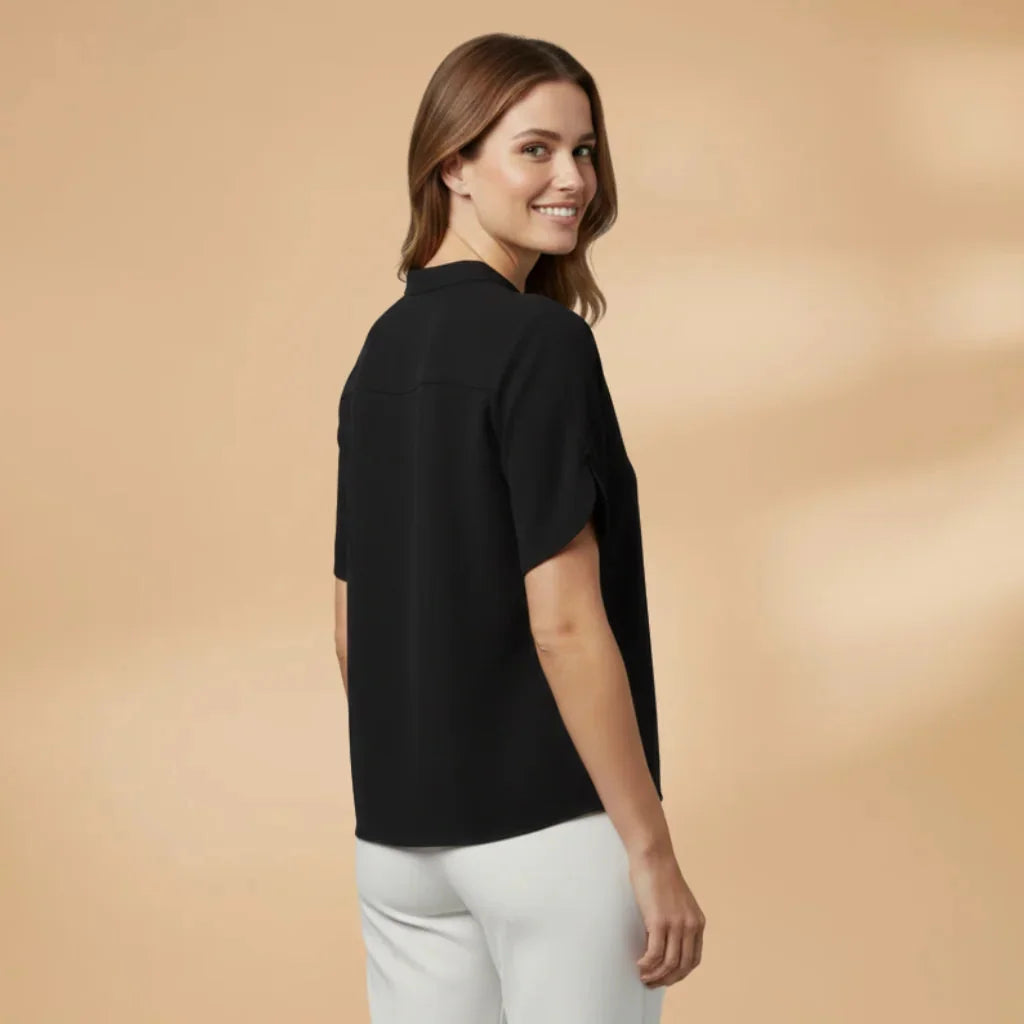 Black Women's Lightweight V-Neck Short Sleeve Blouse — Severine Breathable Elegant Collared - Back Three Quarter
