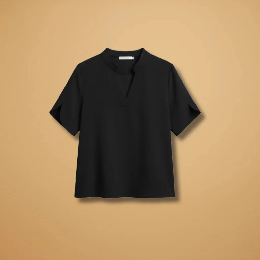 Black Women's Lightweight V-Neck Short Sleeve Blouse — Severine Breathable Elegant Collared - Flat Lay