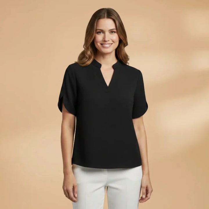 Black Women's Lightweight V-Neck Short Sleeve Blouse — Severine Breathable Elegant Collared - Front Full