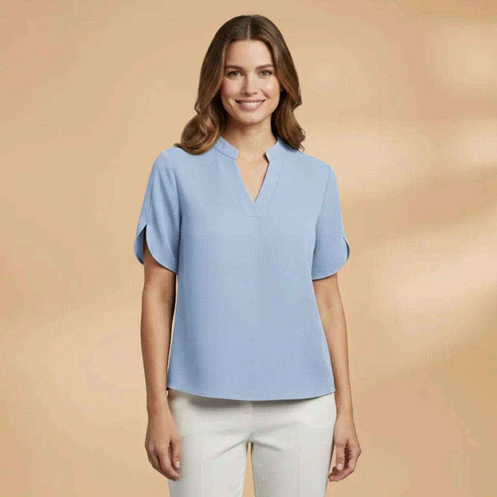 Blue Women's Lightweight V-Neck Short Sleeve Blouse — Severine Breathable Elegant Collared - Front Casual